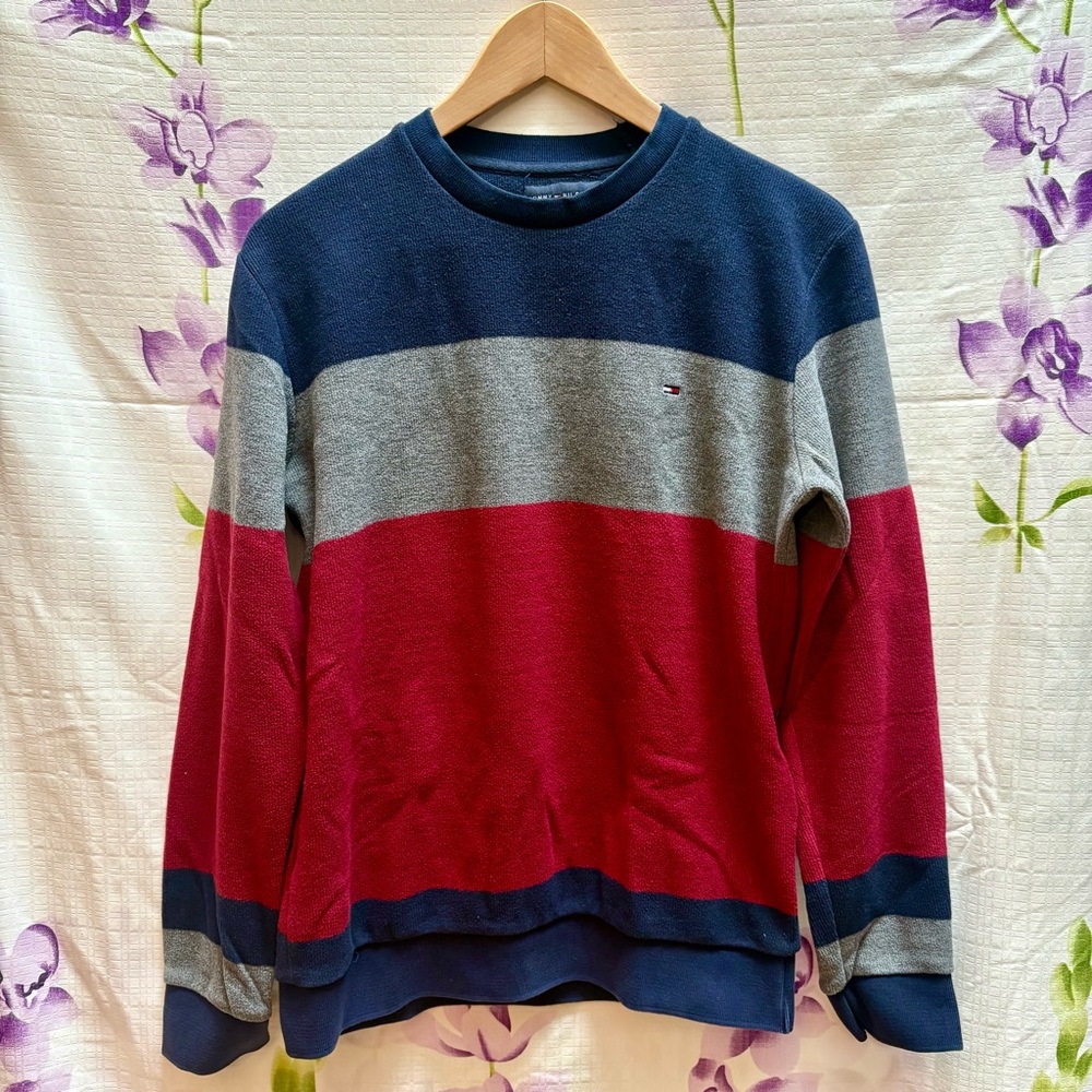 Tommy Hilfiger Blue Red And Gray Striped Long Sleeve Crew Neck Sweater